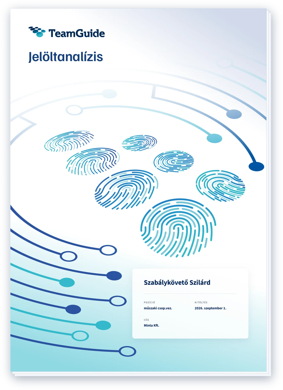 A TeamGuide Jelöltanalízis riportjának borítója (kitalált mintajelölt)