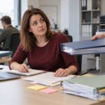 Irodai jelenet: egy munkatárs az asztalánál, a papírhalom mellett, miközben valaki újabb mappát nyújt felé
